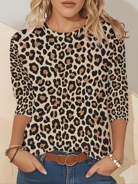 gaze Animal Print Crewneck Top - Black, Brown, Cream